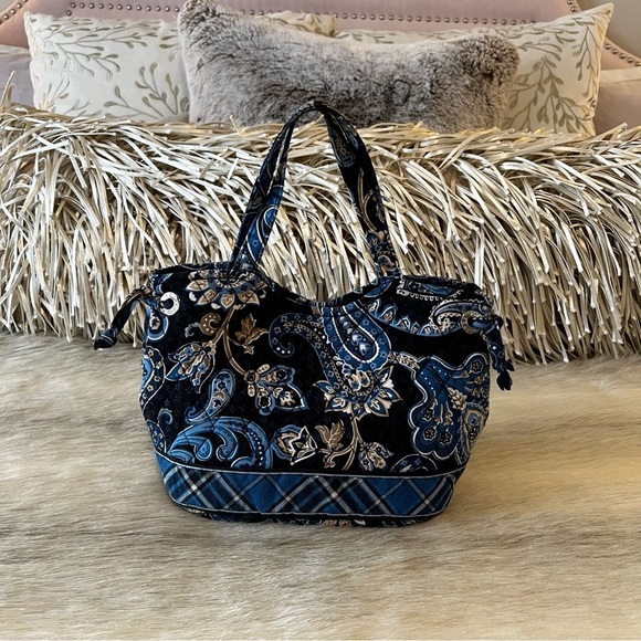 Vintage VERA BRADLEY Windsor 2006 Sherry 2 Handle Mini Y2K Bag Navy Blue Plaid - Picture 1 of 10